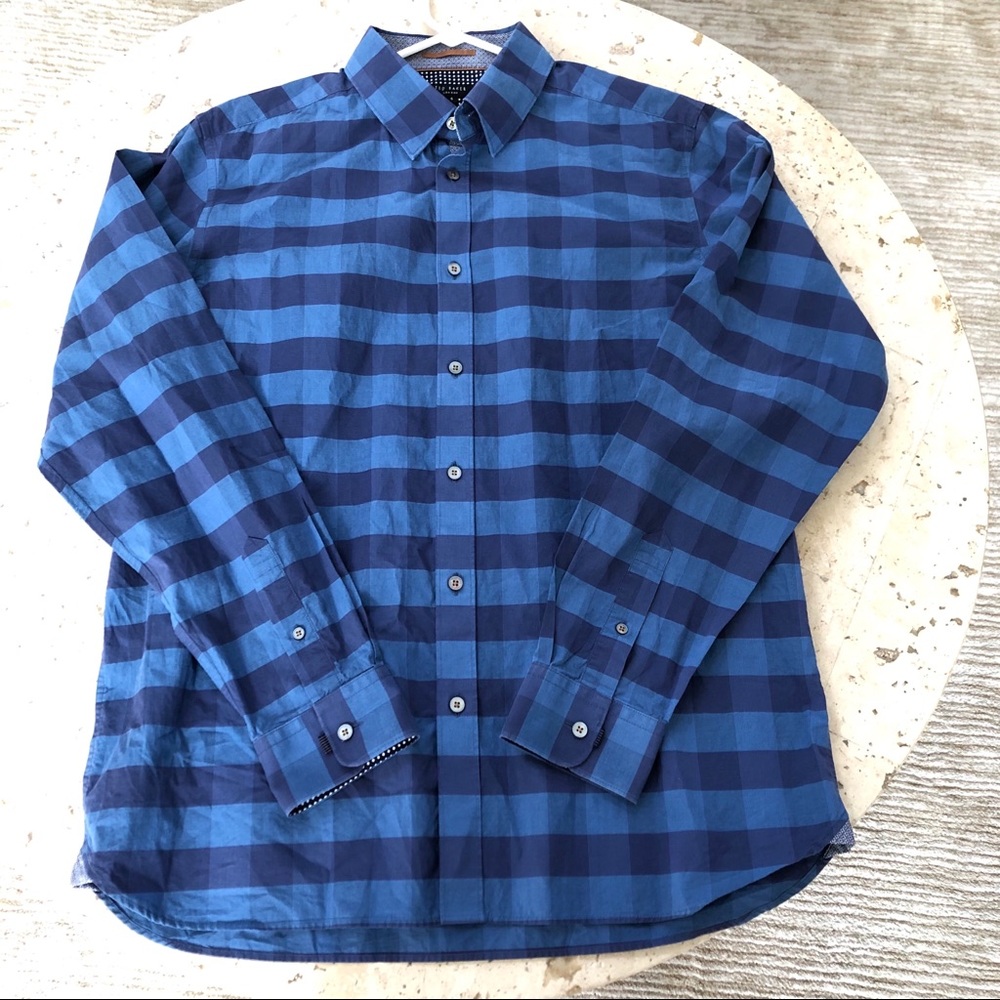 Ted Baker Mens Long Sleeve Shirt Plaid Blue Size 5